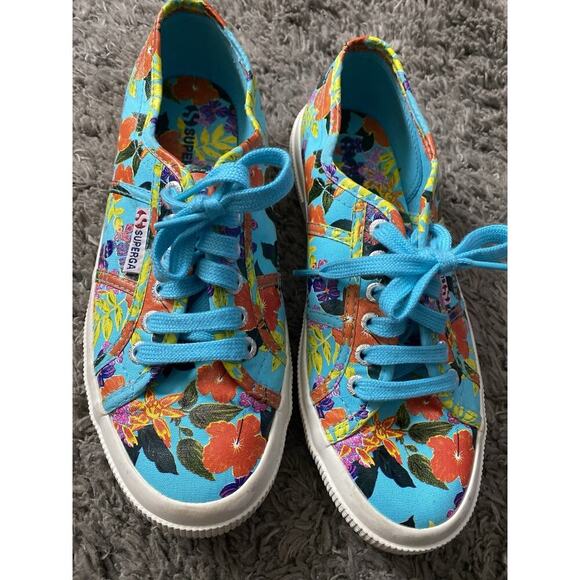 Superga 2750 Blue With Floral Pattern Women’s Shoes Size 8 - Picture 2 of 9